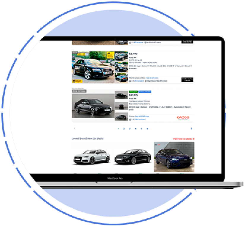 An laptop showing search results of vehicles on the Auto Trader site with promoted advertising positions